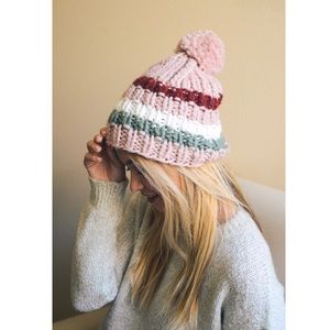 Pink & Burgundy Striped Cozy Fall Pom Knit Beanie